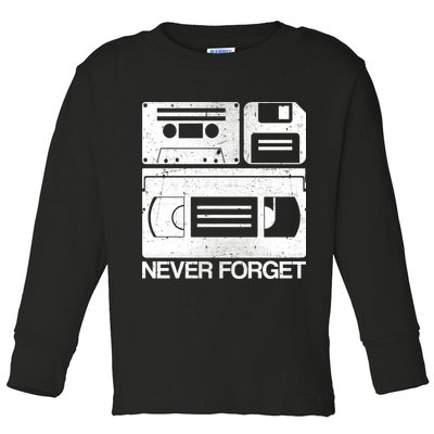 Retro Never Forget Cassette Floppy Disk VHS Tape Toddler Long Sleeve Shirt