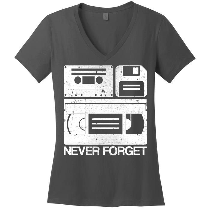 Retro Never Forget Cassette Floppy Disk VHS Tape Women's V-Neck T-Shirt