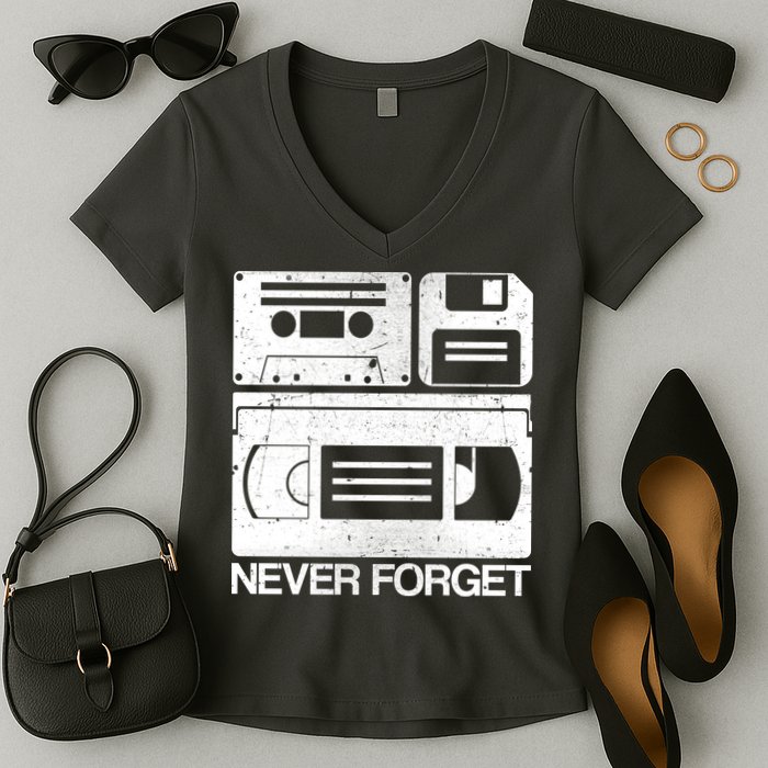 Retro Never Forget Cassette Floppy Disk VHS Tape Women's V-Neck T-Shirt
