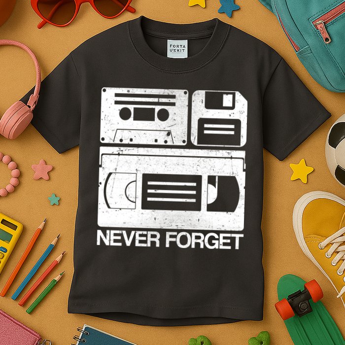 Retro Never Forget Cassette Floppy Disk VHS Tape Kids T-Shirt