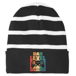 Retro New Dad Level Unlocked Video Gamer Striped Beanie with Solid Band