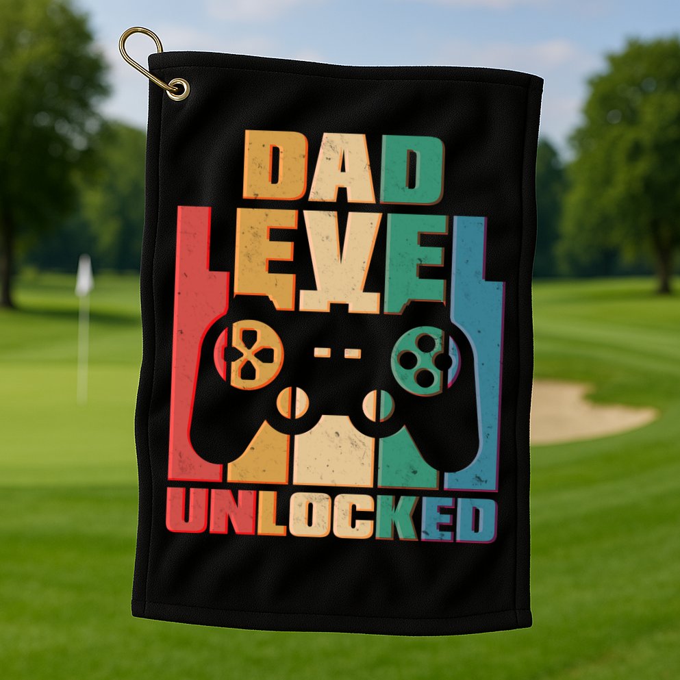 Retro New Dad Level Unlocked Video Gamer Golf Towel