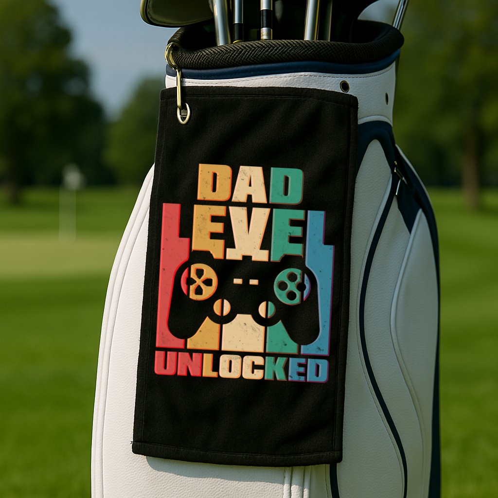 Retro New Dad Level Unlocked Video Gamer Golf Towel