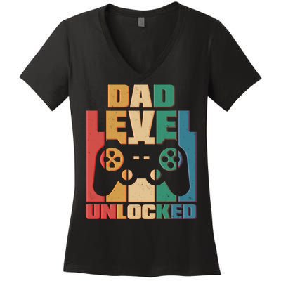 Retro New Dad Level Unlocked Video Gamer Women's V-Neck T-Shirt