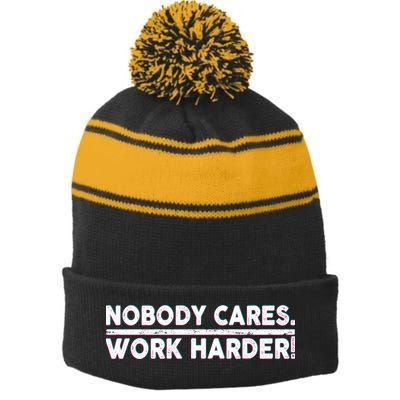 Retro Nobody Cares Work Harder Distressed Stripe Pom Pom Beanie