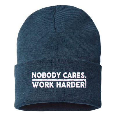 Retro Nobody Cares Work Harder Distressed Sustainable Knit Beanie