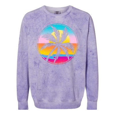 Retro Ocean Sun Palm Tree Emblem Colorblast Crewneck Sweatshirt