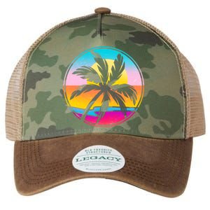 Retro Ocean Sun Palm Tree Emblem Legacy Tie Dye Trucker Hat