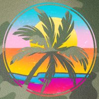 Retro Ocean Sun Palm Tree Emblem Legacy Tie Dye Trucker Hat
