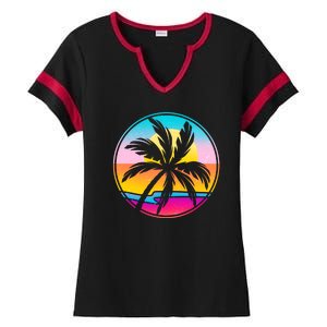 Retro Ocean Sun Palm Tree Emblem Ladies Halftime Notch Neck Tee