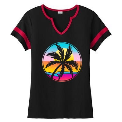 Retro Ocean Sun Palm Tree Emblem Ladies Halftime Notch Neck Tee