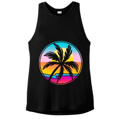 Retro Ocean Sun Palm Tree Emblem Ladies PosiCharge Tri-Blend Wicking Tank