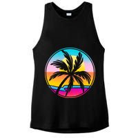 Retro Ocean Sun Palm Tree Emblem Ladies PosiCharge Tri-Blend Wicking Tank