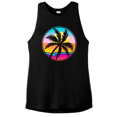 Retro Ocean Sun Palm Tree Emblem Ladies PosiCharge Tri-Blend Wicking Tank