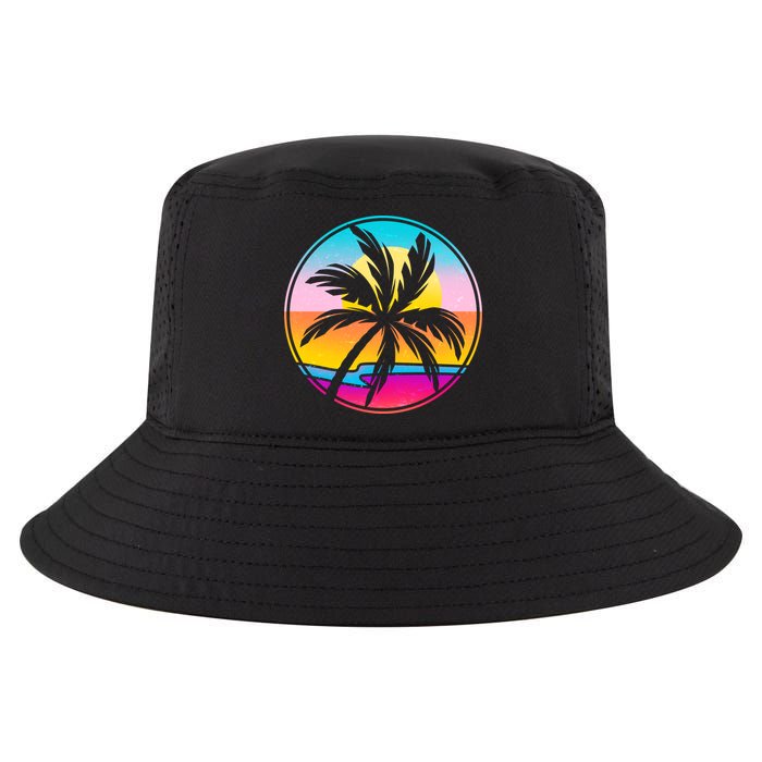 Retro Ocean Sun Palm Tree Emblem Cool Comfort Performance Bucket Hat