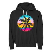 Retro Ocean Sun Palm Tree Emblem Garment-Dyed Fleece Hoodie