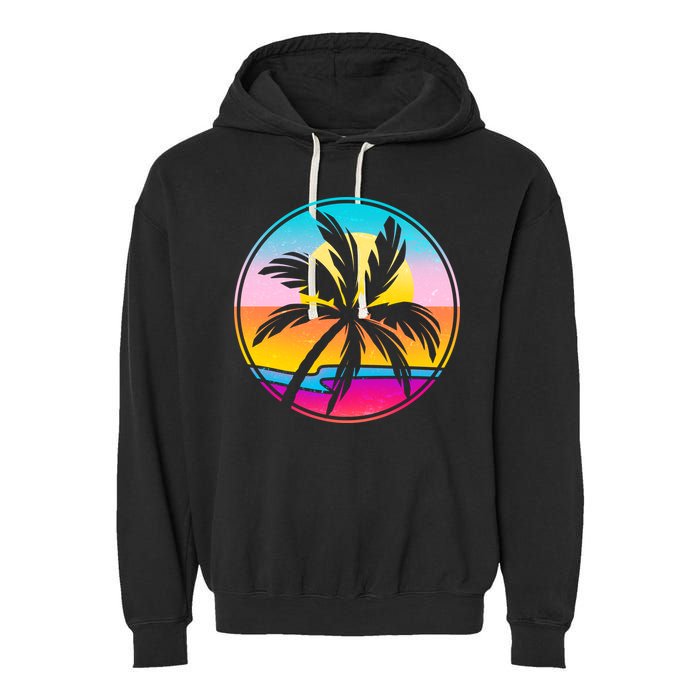 Retro Ocean Sun Palm Tree Emblem Garment-Dyed Fleece Hoodie