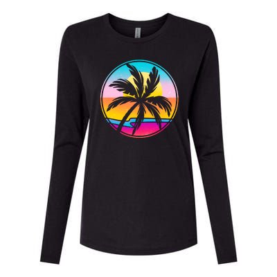 Retro Ocean Sun Palm Tree Emblem Womens Cotton Relaxed Long Sleeve T-Shirt