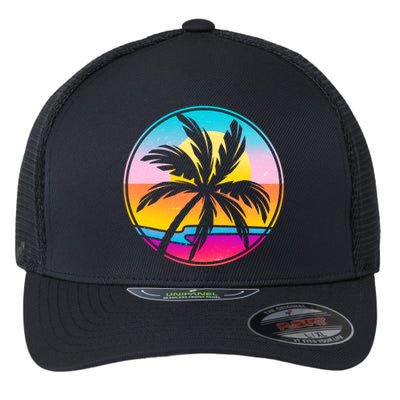 Retro Ocean Sun Palm Tree Emblem Flexfit Unipanel Trucker Cap