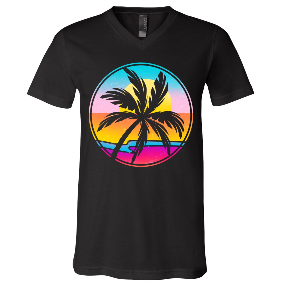 Retro Ocean Sun Palm Tree Emblem V-Neck T-Shirt