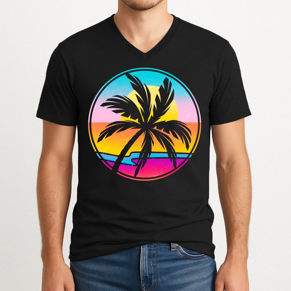 Retro Ocean Sun Palm Tree Emblem V-Neck T-Shirt