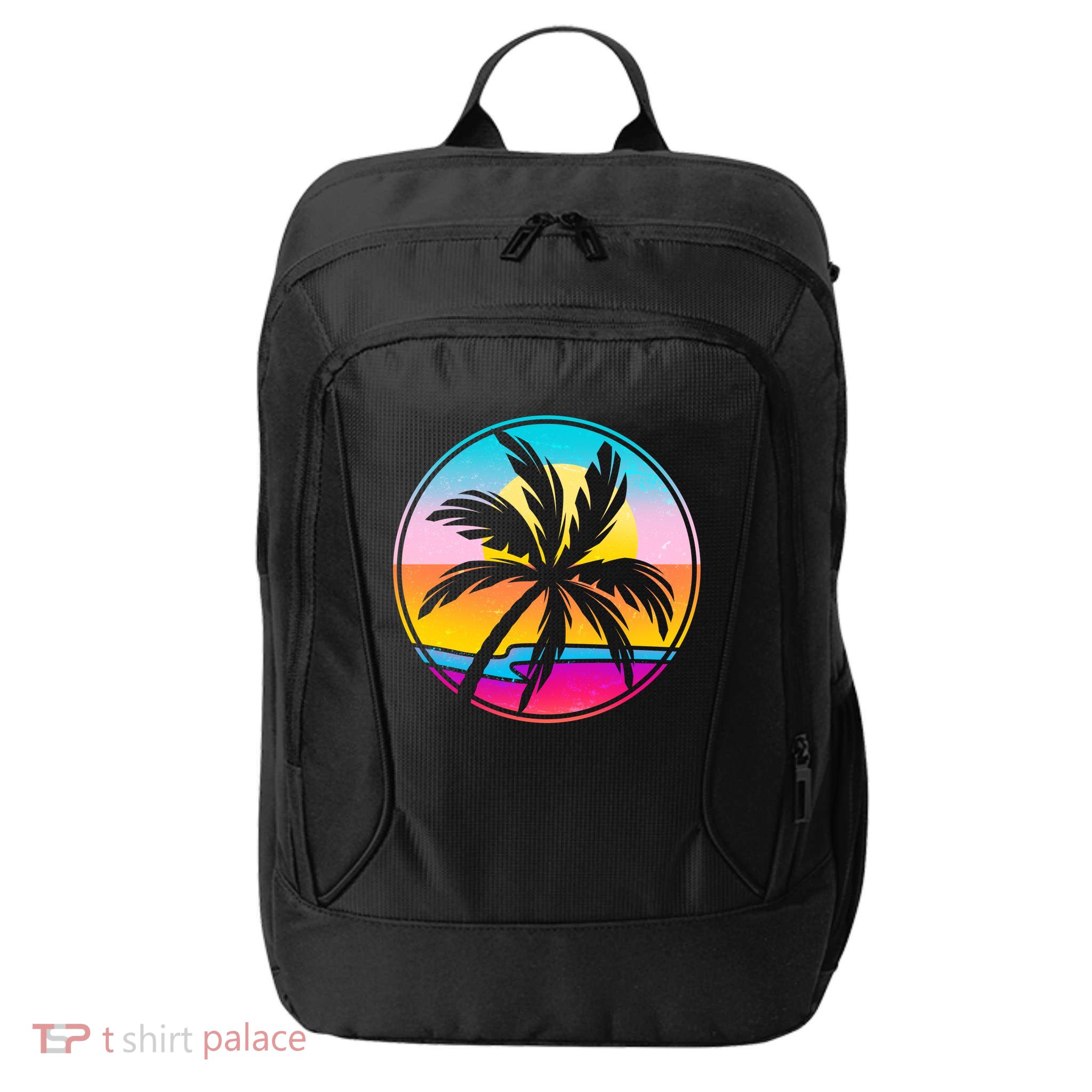 Retro Ocean Sun Palm Tree Emblem City Backpack