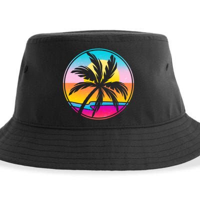 Retro Ocean Sun Palm Tree Emblem Sustainable Bucket Hat