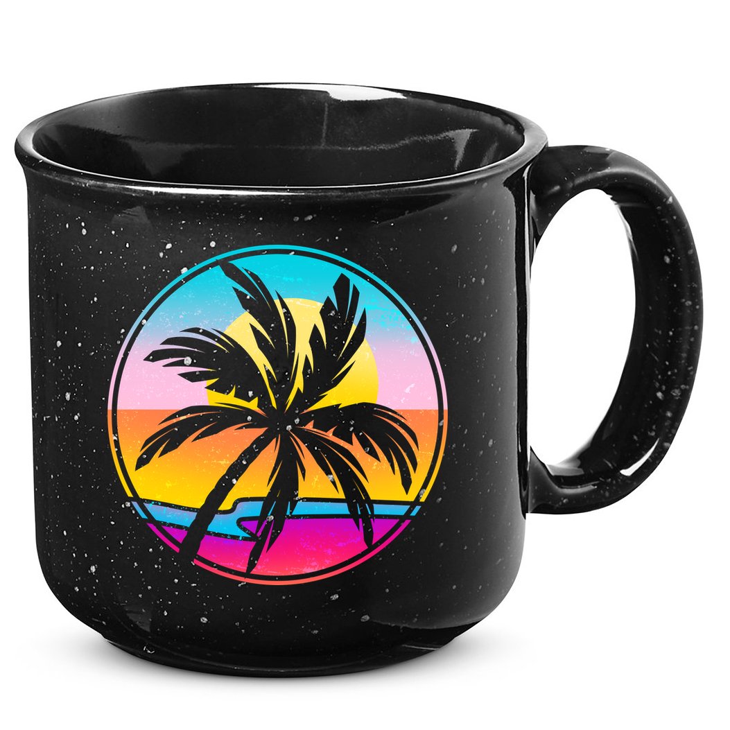 Retro Ocean Sun Palm Tree Emblem 15oz Campfire Ceramic Mug