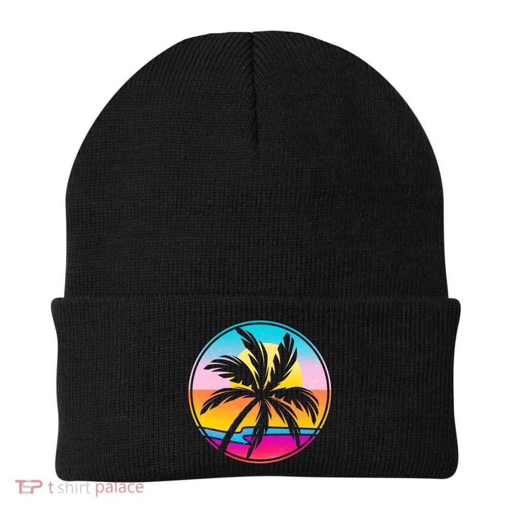 Retro Ocean Sun Palm Tree Emblem Beanie