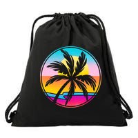 Retro Ocean Sun Palm Tree Emblem Drawstring Bag