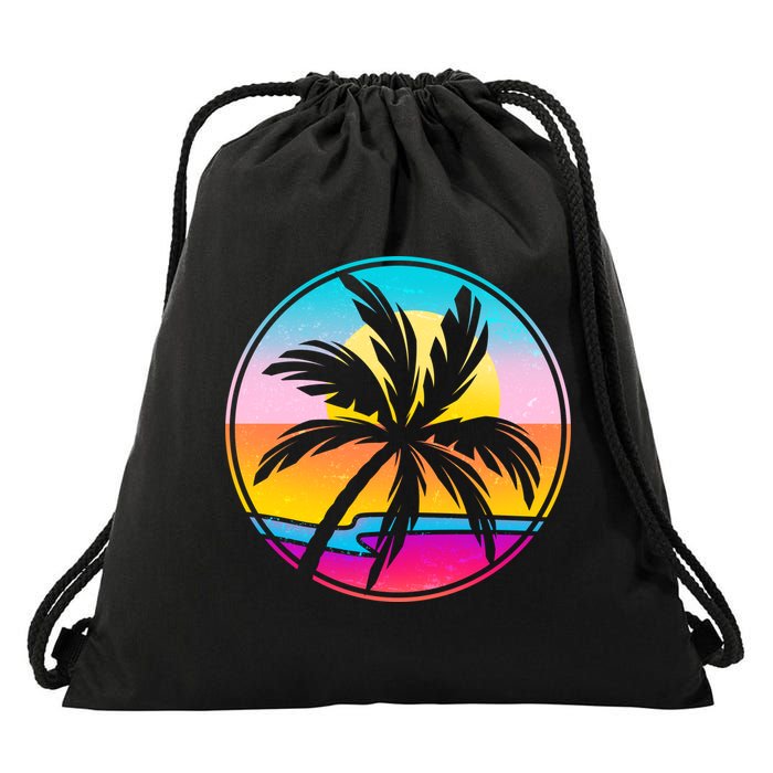 Retro Ocean Sun Palm Tree Emblem Drawstring Bag