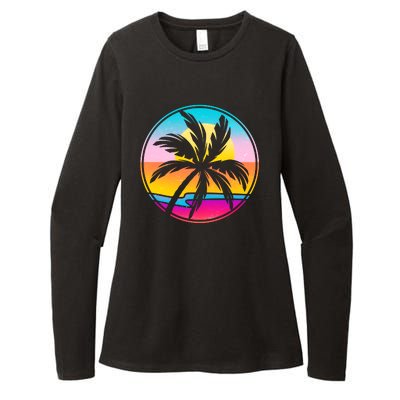 Retro Ocean Sun Palm Tree Emblem Womens CVC Long Sleeve Shirt