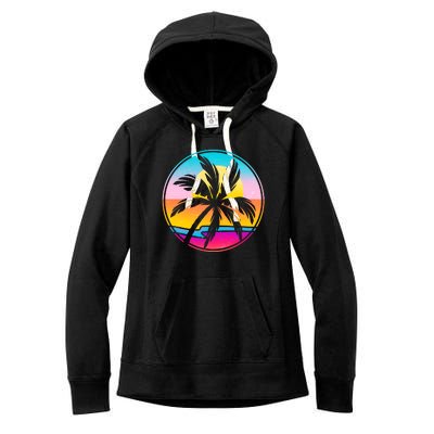 Retro Ocean Sun Palm Tree Emblem Women's Fleece Hoodie