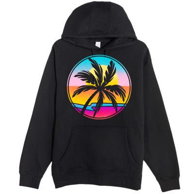 Retro Ocean Sun Palm Tree Emblem Premium Pullover Hoodie