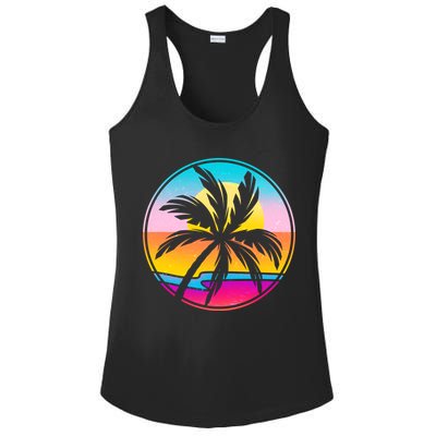 Retro Ocean Sun Palm Tree Emblem Ladies PosiCharge Competitor Racerback Tank