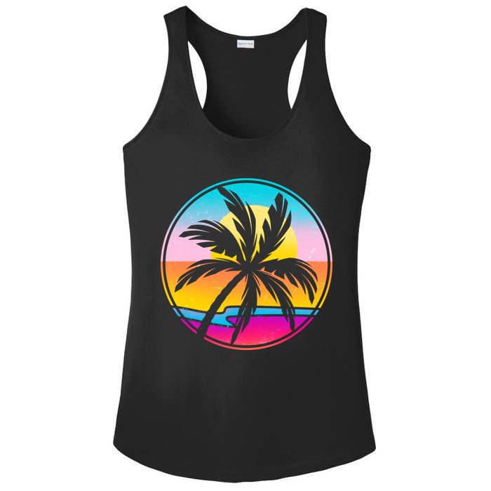 Retro Ocean Sun Palm Tree Emblem Ladies PosiCharge Competitor Racerback Tank