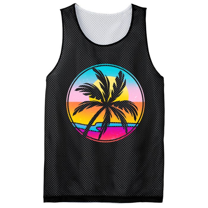 Retro Ocean Sun Palm Tree Emblem Mesh Reversible Basketball Jersey Tank