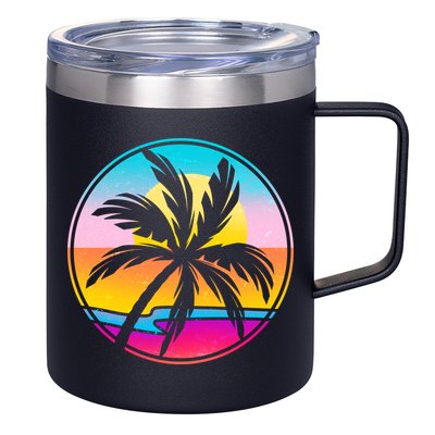 Retro Ocean Sun Palm Tree Emblem 12oz Stainless Steel Coffee Mug