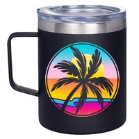 Retro Ocean Sun Palm Tree Emblem 12oz Stainless Steel Coffee Mug