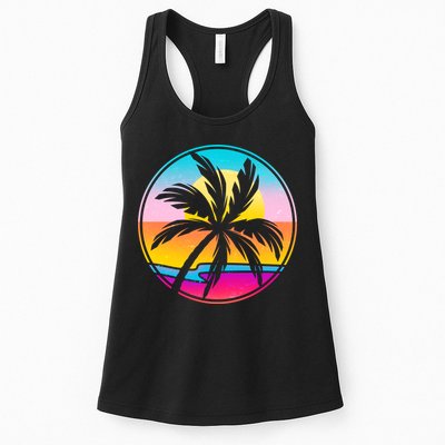 Retro Ocean Sun Palm Tree Emblem Womens Tank Top