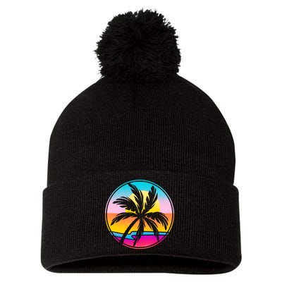 Retro Ocean Sun Palm Tree Emblem Pom Pom 12in Knit Beanie