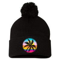 Retro Ocean Sun Palm Tree Emblem Pom Pom 12in Knit Beanie