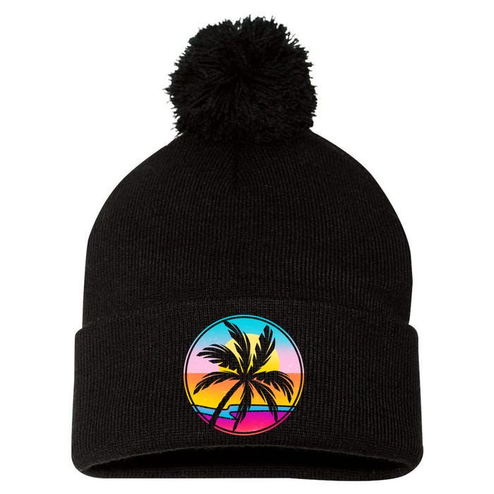 Retro Ocean Sun Palm Tree Emblem Pom Pom 12in Knit Beanie