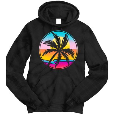 Retro Ocean Sun Palm Tree Emblem Tie Dye Hoodie