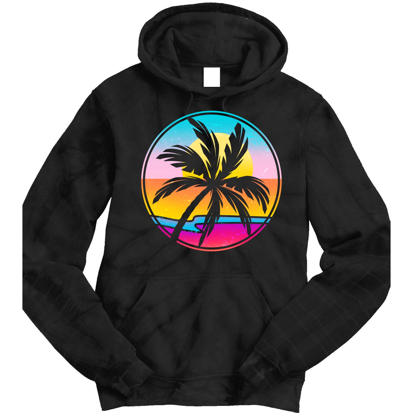 Retro Ocean Sun Palm Tree Emblem Tie Dye Hoodie