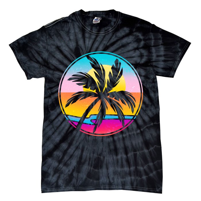 Retro Ocean Sun Palm Tree Emblem Tie-Dye T-Shirt