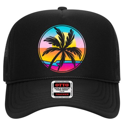 Retro Ocean Sun Palm Tree Emblem Trucker Hat