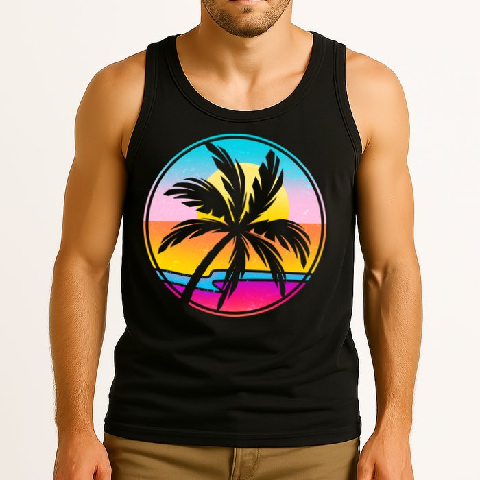 Retro Ocean Sun Palm Tree Emblem Tank Top