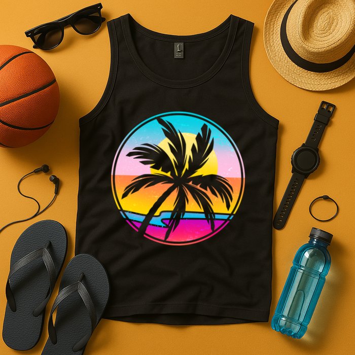 Retro Ocean Sun Palm Tree Emblem Tank Top