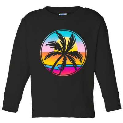 Retro Ocean Sun Palm Tree Emblem Toddler Long Sleeve Shirt